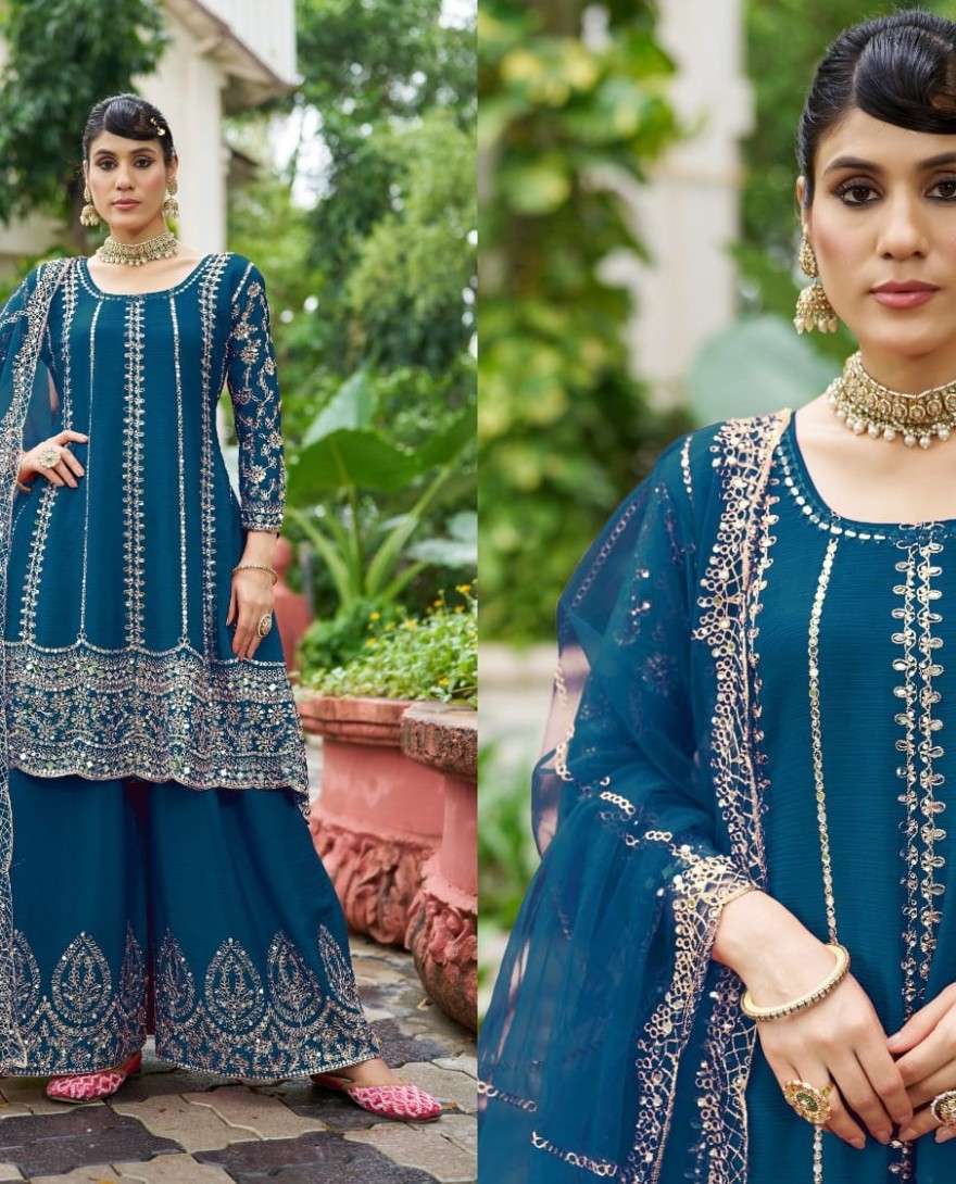 BLUE - Embroidered and Mirror Work Chinon Salwar Suit In Teal for Ceremonial